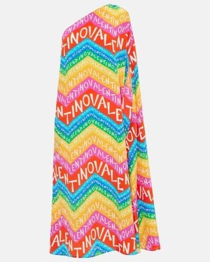 Valentino Logo One-Shoulder Silk Midi Dress - White