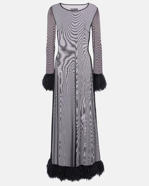 Marine Serre Faux Feather-Trimmed Mesh Maxi Dress - Grey