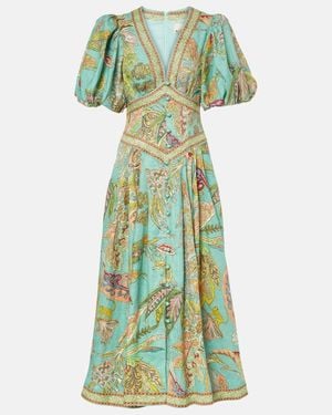 ALÉMAIS Franca Printed Linen Midi Dress - Green
