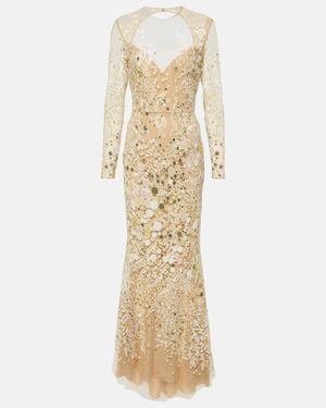 Elie Saab Atom Sequined Embroidered Tulle Gown - Natural