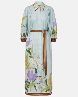 ALÉMAIS Belted Floral Linen Shirt Dress - Blue