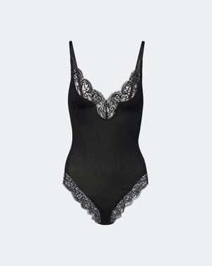 Saint Laurent Lace-Trimmed Ribbed-Knit Silk Bodysuit - Black