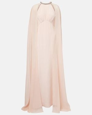Roland Mouret Embellished Caped Silk Chiffon Gown - Natural