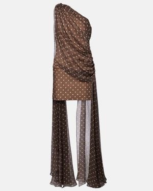 Elie Saab Caped One-Shoulder Polka-Dot Silk-Blend Minidress - Brown