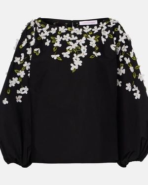 Carolina Herrera Floral-Applique Cotton-Blend Top - Black