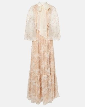 Self-Portrait Embroidered Caped Gown - Natural