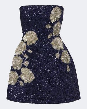 La Fuori Midnight Rosette Sequined Silk Corset Dress - Blue