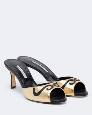 Manolo Blahnik Pintonamu Embroidered Metallic Leather Mules