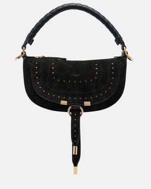 Chloé Verzierte Schultertasche Marcie Small Aus Veloursleder - Schwarz
