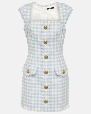 Balmain Mini -Kleid in Tweed mit Gingham -Muster - Blau