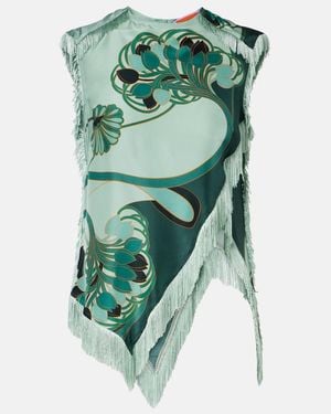 La DoubleJ Scarf Fringed Printed Silk Voile Top - Green