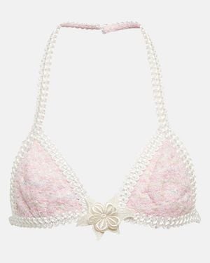 Alessandra Rich Embroidered Cotton-Blend Lurex Bra - Pink