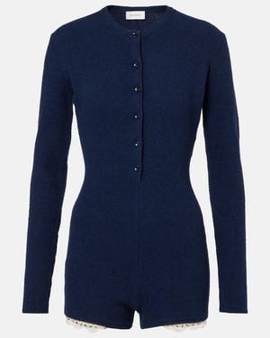 Magda Butrym Lace-Trimmed Knitted Cotton-Blend Romper - Blue