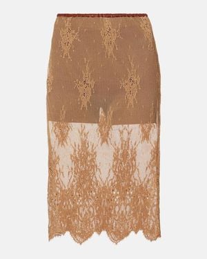 JACQUES WEI Layered Leather-Trimmed Lace Midi Skirt - Brown