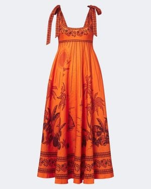 ALÉMAIS Vestido Largo Boathouse De Lino Estampado - Rojo