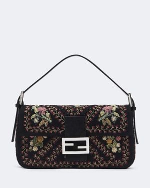 Fendi Baguette 26424 Floral Suede Shoulder Bag - Black