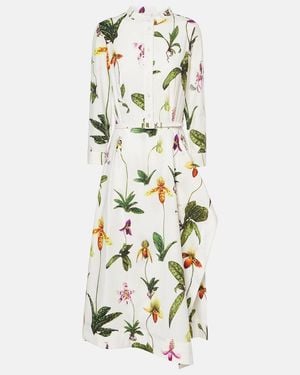 Oscar de la Renta Floral Pleated Cotton-Blend Poplin Midi Dress - White