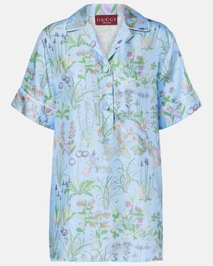 Gucci Floral Silk Satin Polo Shirt - Blue