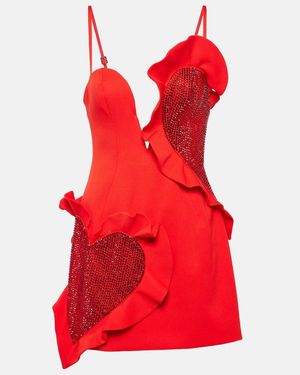 Area Vestido Corto De Mezcla De Lana Adornado - Rojo