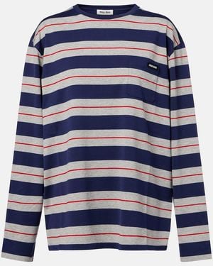 Miu Miu Logo Striped Cotton Jersey Top - Blue