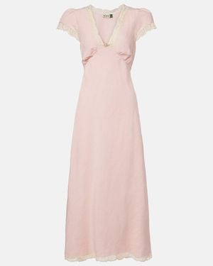 RIXO London Midikleid Clarice Aus Einem Leinengemisch Mit Spitze - Pink