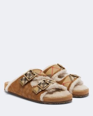 Burberry Check Shearling-Lined Suede Sandals - Brown