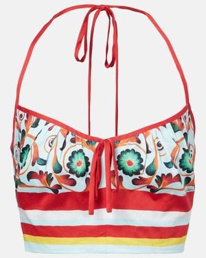Dolce & Gabbana Printed Halterneck Cotton Crop Top - Red