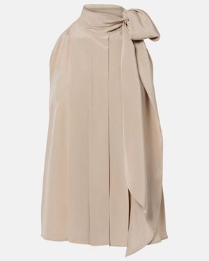 Max Mara Pleated Tie-Neck Silk Crepe De Chine Top - Natural