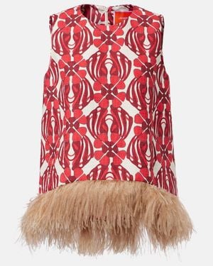 La DoubleJ La Scala Feather-Trimmed Cotton Top - Red