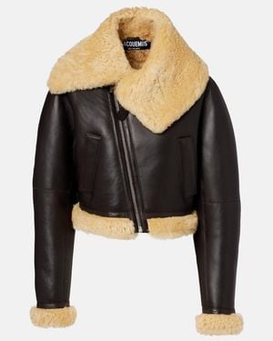 Jacquemus Aviatore Cropped Shearling-Trimmed Leather Jacket - Black