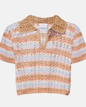 Anna Kosturova Crochet Striped Cotton Polo Shirt - Pink