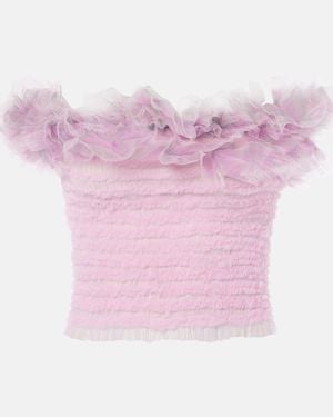 SUSAN FANG Shirred Off-Shoulder Tulle Top - Pink