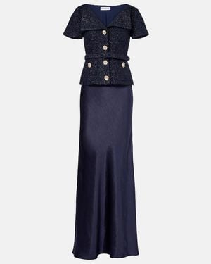 Self-Portrait Embellished Boucle And Satin Maxi Dress - Blue