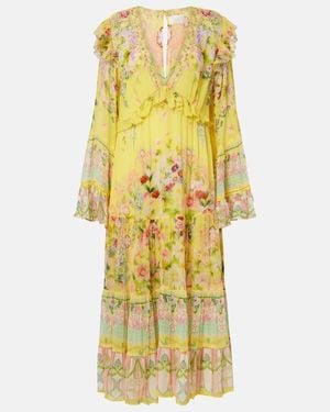 CAMILLA Printed Ruffled Silk Chiffon Midi Dress - Yellow