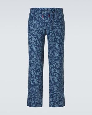 Kiton Printed Linen Straight Trousers - Blue
