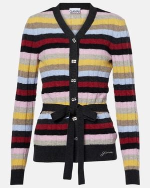 Ganni Bunt Gestreifter Woll-Cardigan Mit Gürtel - Mehrfarbig