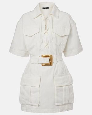 Balmain Belted Lace-Up Cotton-Canvas Mini Dress - White