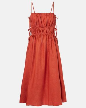 Asceno Eze Ruched Linen Midi Dress - Red