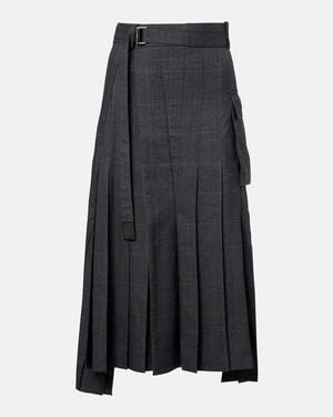 Sacai Prince Of Wales Check Wool Midi Skirt - Black