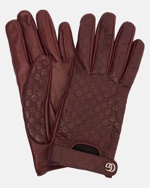 Gucci Double G Gg Debossed Leather Gloves - Red