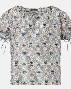 Loro Piana Rose Printed Puff-Sleeve Silk Top - Grey
