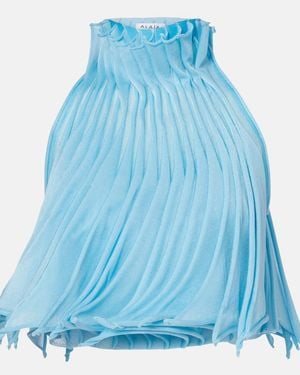 Alaïa Cropped Pleated Knitted Turtleneck Top - Blue