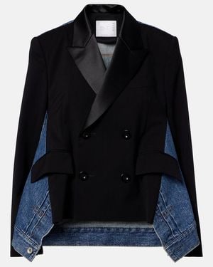Sacai Double-Breasted Denim And Wool Jacket - Black