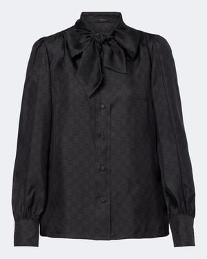 Gucci Gg Tie-Neck Silk Twill Blouse - Black