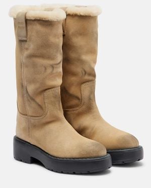 Miu Miu Shearling-Lined Suede Knee-High Boots - Natural