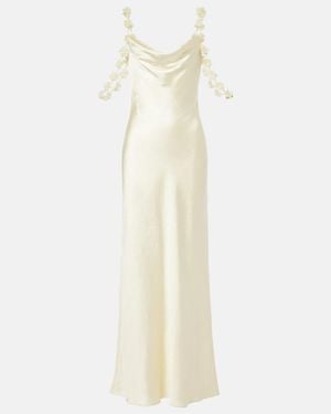 Self-Portrait Floral-Applique Satin Maxi Dress - White