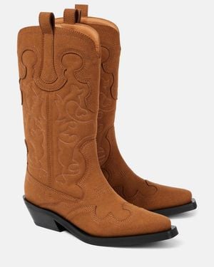 Ganni Embroidered Faux Leather Cowboy Boots - Brown
