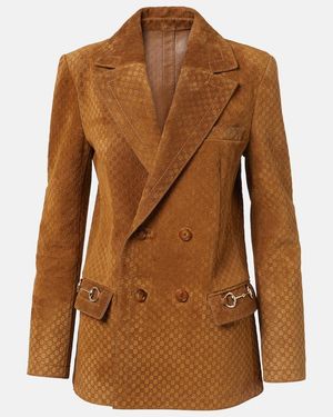 Gucci Horsebit Gg Double-Breasted Suede Blazer - Brown