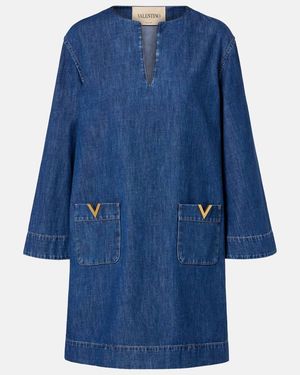 Valentino Vestido Corto De Chambray De Algodon Con Vgold - Azul