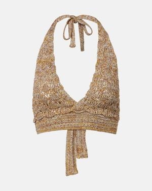 Valentino Open-Knit Linen-Blend Lame Crop Top - Metallic
